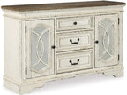 Signature Design by Ashley Realyn French Country Distressed Dining Room Server, 3 Drawers, 2 Cabinet Doors, Wood, 59" W x 17" D x 36.5" H, Chipped White