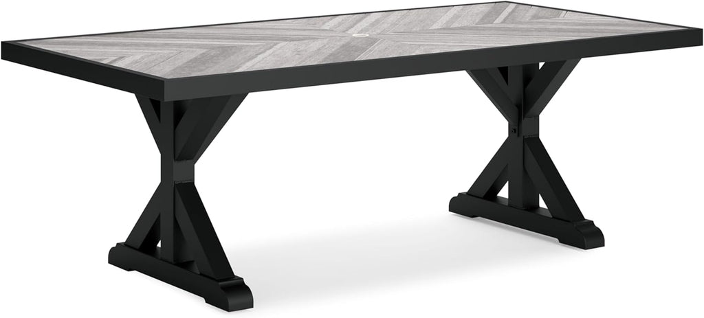 Signature Design by Ashley Beachcroft Outdoor Dining Table, Rust-Resistant Farmhouse Design with Porcelain Tabletop and Umbrella Hole, for Patio Entertaining, Black/Light Gray, 84-Inch