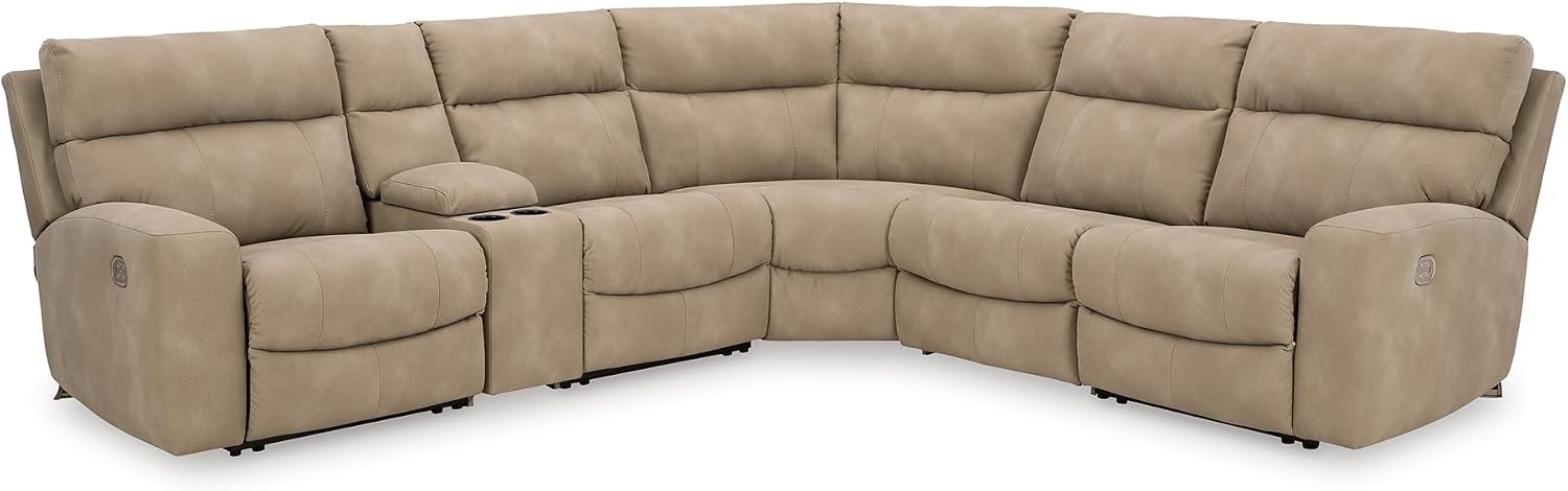 Signature Design by Ashley Next-Gen DuraPella 6-Piece Power Reclining Sectional, Zero Gravity Comfort and Adjustable Headrests, L-Shaped Faux Leather Modular Design for Living Rooms, Sand, 132" W