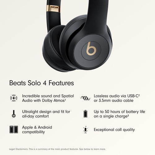 سماعات Beats Solo 4 - لاسلكية توضع على الأذن بتقنية البلوتوث، عمر بطارية يصل إلى 50 ساعة، راحة فائقة الخفة، صوت قوي ومتوازن، متوافقة مع أجهزة Apple و Android - أسود وذهبي