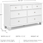 Signature Design by Ashley Fortman Casual Dresser with 7 Storage Drawers and Tapered Feet, Round Metal Knobs" Satin Nickel-tone, Wood, 36" High, White