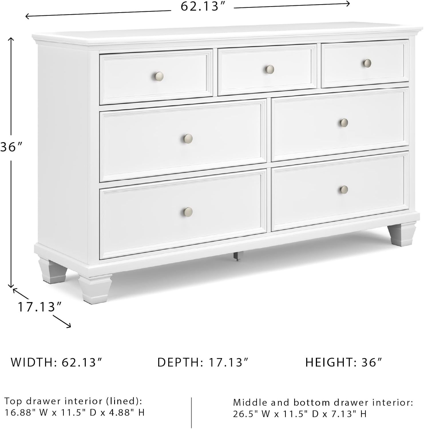 Signature Design by Ashley Fortman Casual Dresser with 7 Storage Drawers and Tapered Feet, Round Metal Knobs" Satin Nickel-tone, Wood, 36" High, White