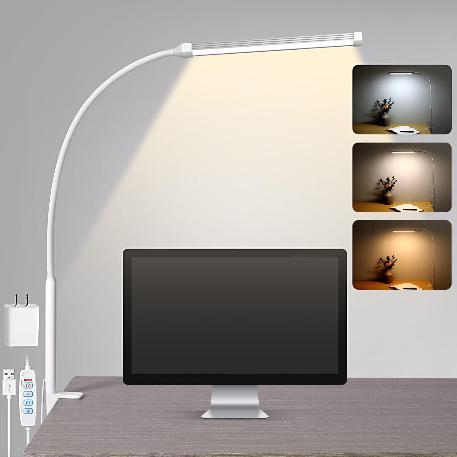 Voncerus LED Desk Lamp with Clamp, Eye-Caring Clip on Lights for Home Office, 3 Modes 10 Brightness, Long Flexible Goose-Neck, Metal, Swing Arm Architect Task Table Lamps with USB Adapter, Black