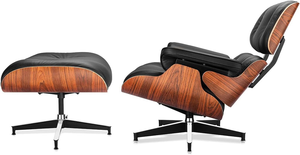 Luxury Top Black Grain Leather Mid Century Chaise Lounge Chair with Ottoman, Premium Handcrafted Walnut Wood, Ergonomic Modern Accent Chair for Living Room Office