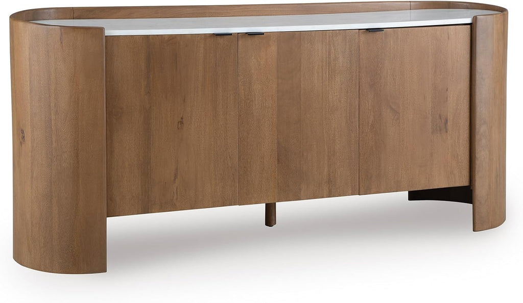 Signature Design by Ashley Fitzroy Accent Cabinet, Contemporary Solid Mango Wood & White Marble Top Sideboard with Anti-Tipping, Soft-Close Doors, Cord Openings, Light Brown & White, 66 Inch