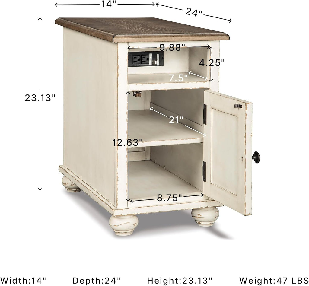 Signature Design by Ashley Realyn Narrow End Table with Charging Station, Chairside End Table, Wood, Engineered Wood and Veneers, Living Room Furniture, Antiqued White and Brown, 14" W
