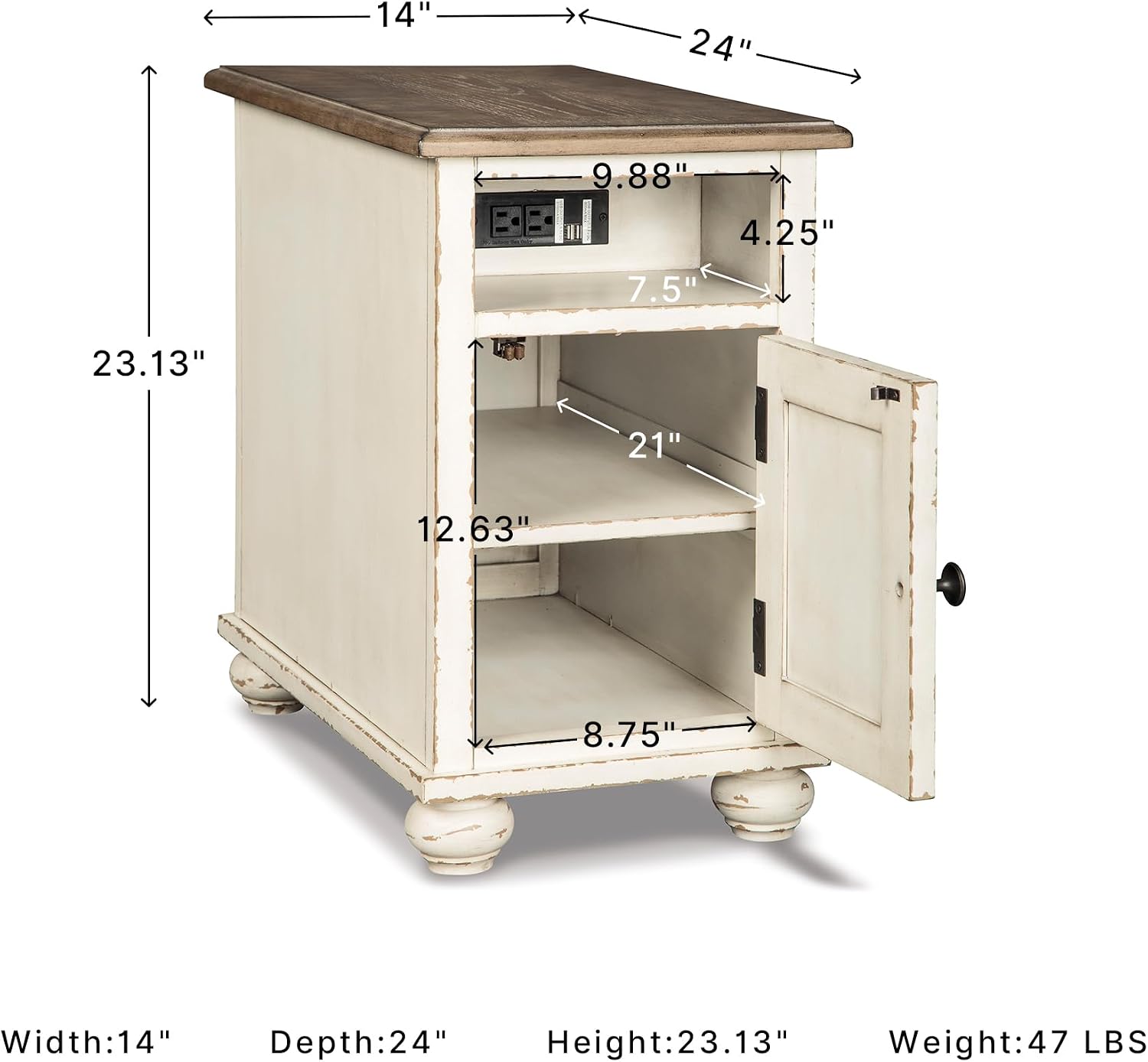 Signature Design by Ashley Realyn Narrow End Table with Charging Station, Chairside End Table, Wood, Engineered Wood and Veneers, Living Room Furniture, Antiqued White and Brown, 14" W