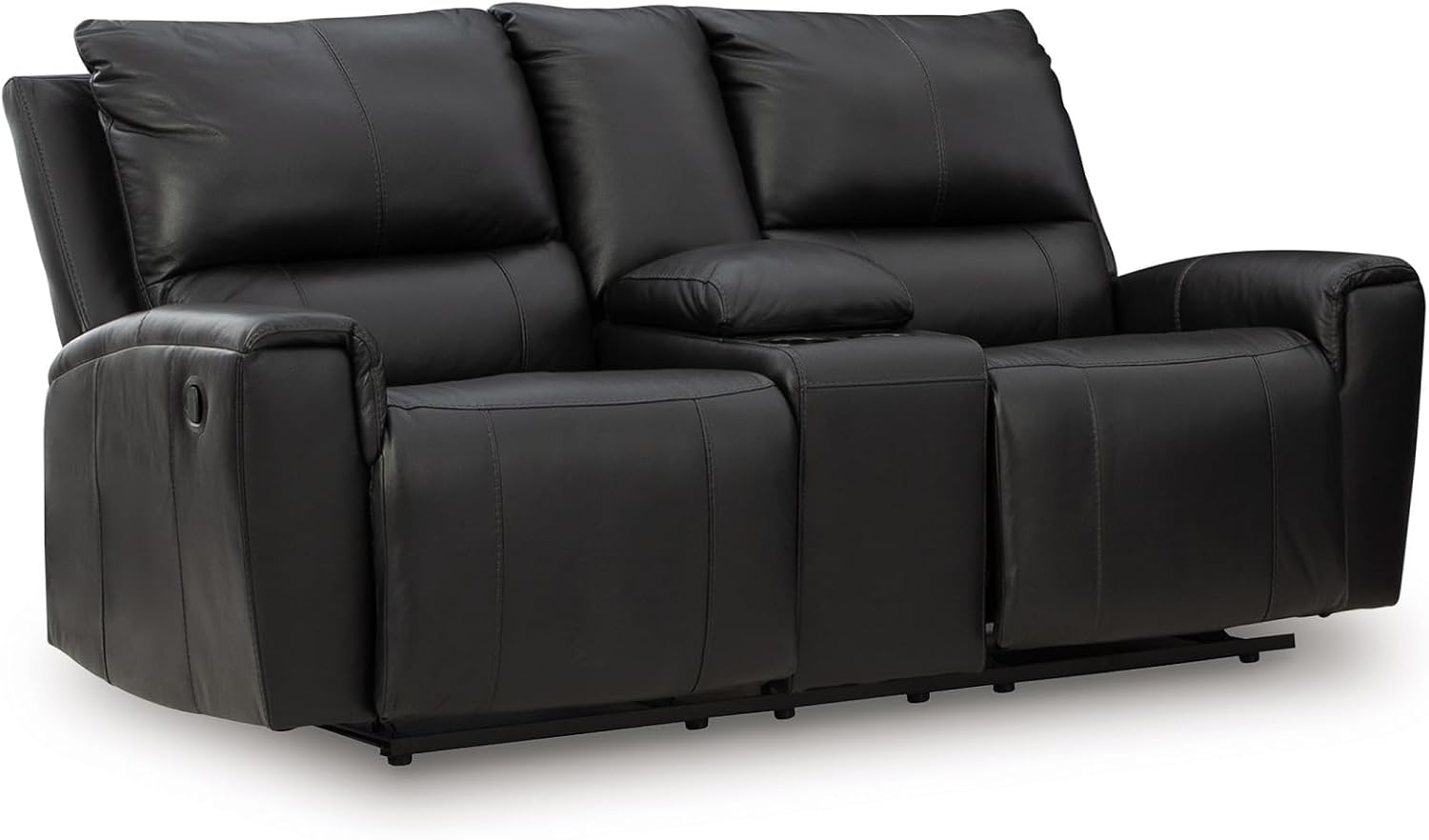Signature Design by Ashley Glassmere Contemporary Leather Match Reclining Loveseat with Console, 2 Cup Holders and Storage, Black