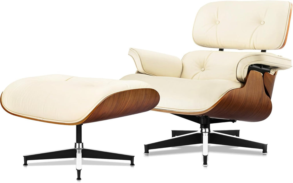 Luxury Top Black Grain Leather Mid Century Chaise Lounge Chair with Ottoman, Premium Handcrafted Walnut Wood, Ergonomic Modern Accent Chair for Living Room Office
