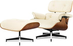 Luxury Top Black Grain Leather Mid Century Chaise Lounge Chair with Ottoman, Premium Handcrafted Walnut Wood, Ergonomic Modern Accent Chair for Living Room Office
