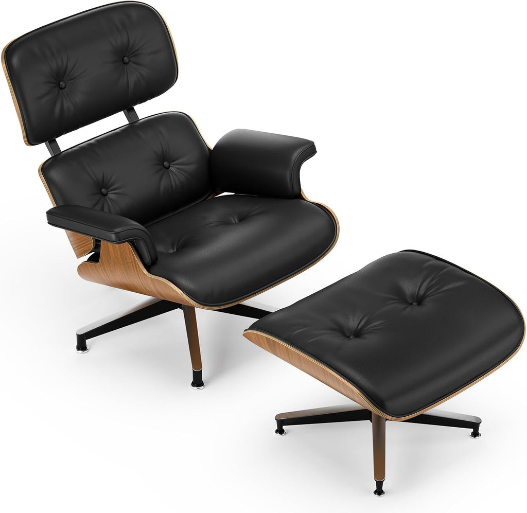 Luxury Top Black Grain Leather Mid Century Chaise Lounge Chair with Ottoman, Premium Handcrafted Walnut Wood, Ergonomic Modern Accent Chair for Living Room Office