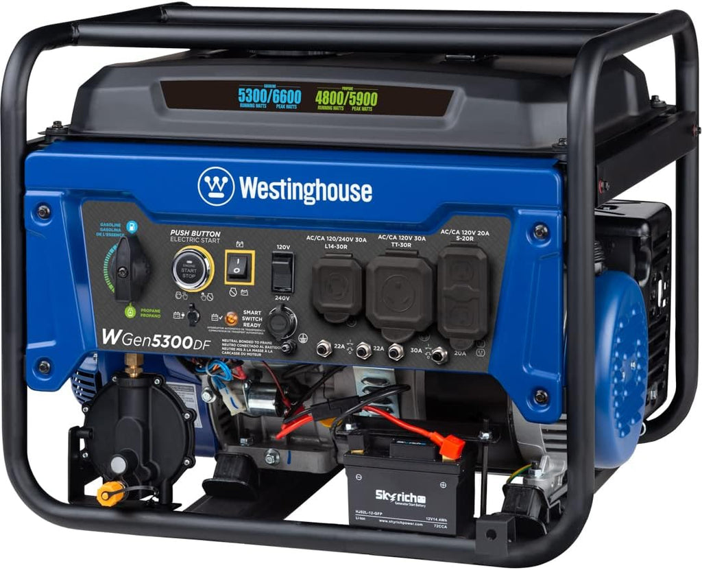 Westinghouse WGen5300DF Dual Fuel Home Backup Portable Generator, 6600 Watts, Remote Electric Start with Auto Choke, Transfer Switch Ready, RV Ready