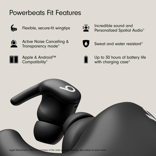 سماعات Beats Powerbeats Fit - سماعات أذن لاسلكية رياضية بخاصية إلغاء الضوضاء مع أطراف أجنحة ثابتة، عمر بطارية يصل إلى 30 ساعة، مقاومة للعرق والماء، متوافقة مع Apple و Android - أسود غامق