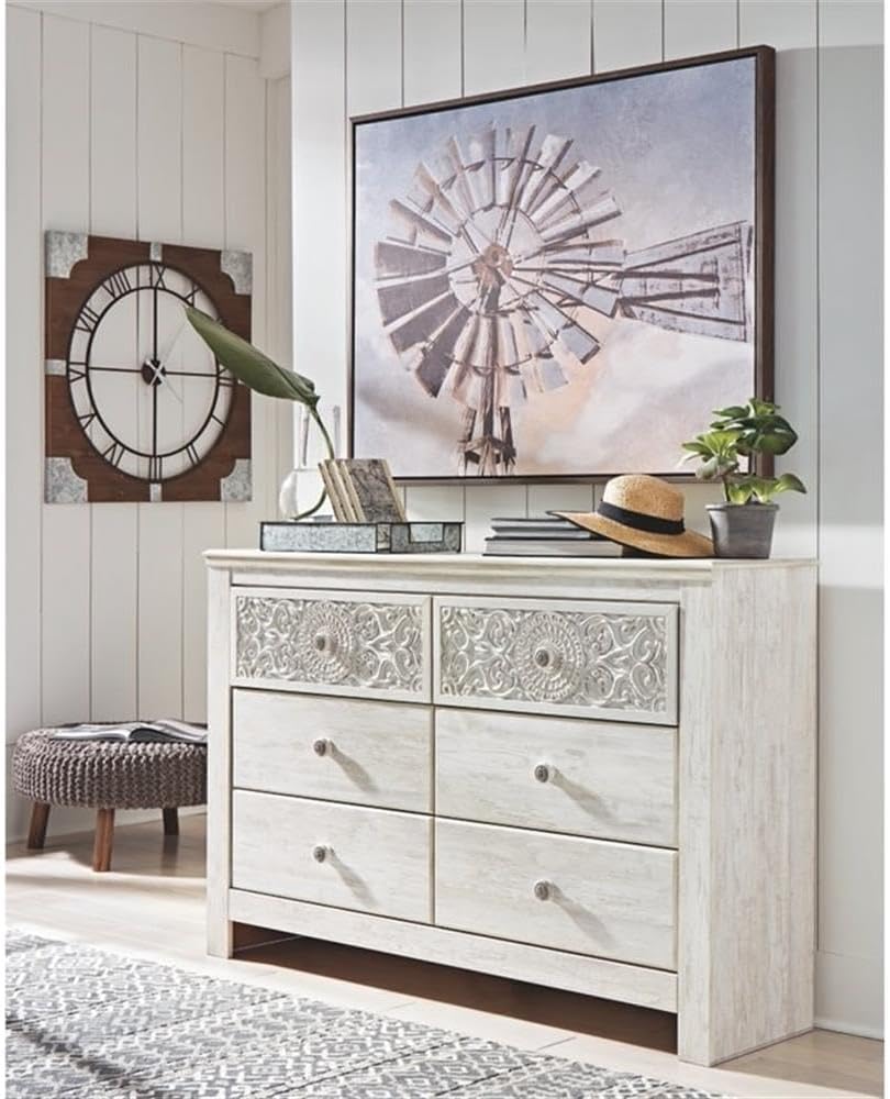 Signature Design by Ashley Paxberry 6 Drawer Dresser, Arrives Pre-Assembled, Engineered Wood and Decorative Laminate, Boho Chest of Drawers for Bedroom, Whitewash, 62"W x 16"D x 40"H