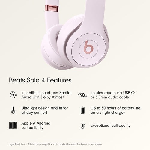 Beats Solo 4 - سماعات رأس لاسلكية بلوتوث فوق الأذن، عمر بطارية يصل إلى 50 ساعة، راحة فائقة الخفة، صوت قوي ومتوازن، متوافقة مع Apple و Android - زهري فاتح