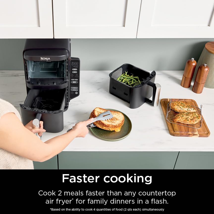 Ninja Air Fryer, 8 QT DoubleStack 2-Basket, Space Saving Design, Cooks 2lb Chicken Wings, Feeds up to 6 People, 6-in1 Air Fryer, Roast, Bake & More, Easy to Clean, Dishwasher Safe Parts, Black, SL201