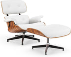 Luxury Top Black Grain Leather Mid Century Chaise Lounge Chair with Ottoman, Premium Handcrafted Walnut Wood, Ergonomic Modern Accent Chair for Living Room Office