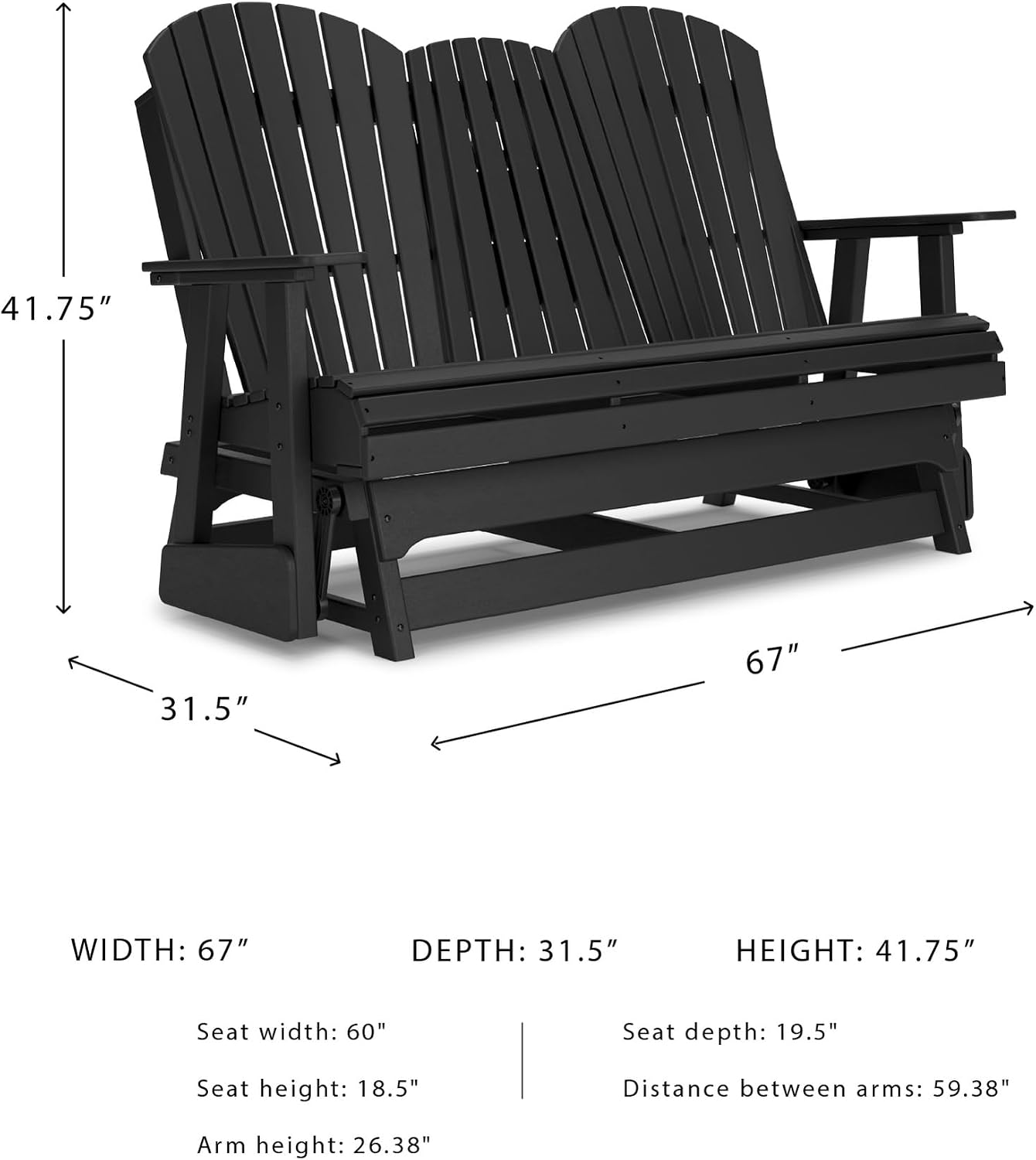 Signature Design by Ashley Hyland Wave Modern Weather Resistant HDPE Outdoor Glider Loveseat with Drop Down Table and 2 Cup Holders, Black