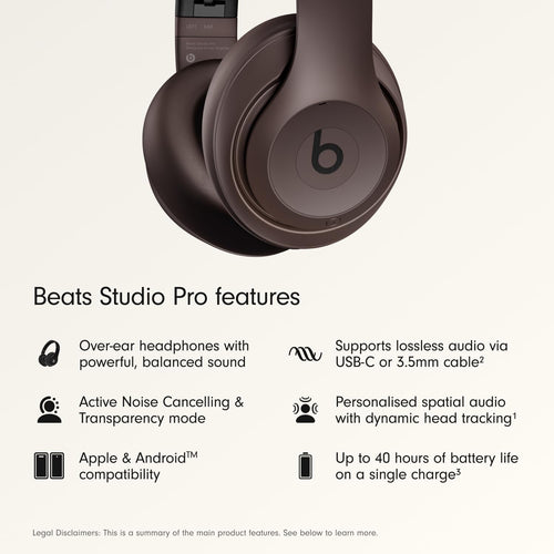 سماعات Beats Studio Pro اللاسلكية الممتازة فوق الأذن - عمر بطارية يصل إلى 40 ساعة، إلغاء الضوضاء النشط، مثالية للسفر والتنقل، صوت USB-C بدون فقدان، متوافقة مع Apple وAndroid - بني غامق