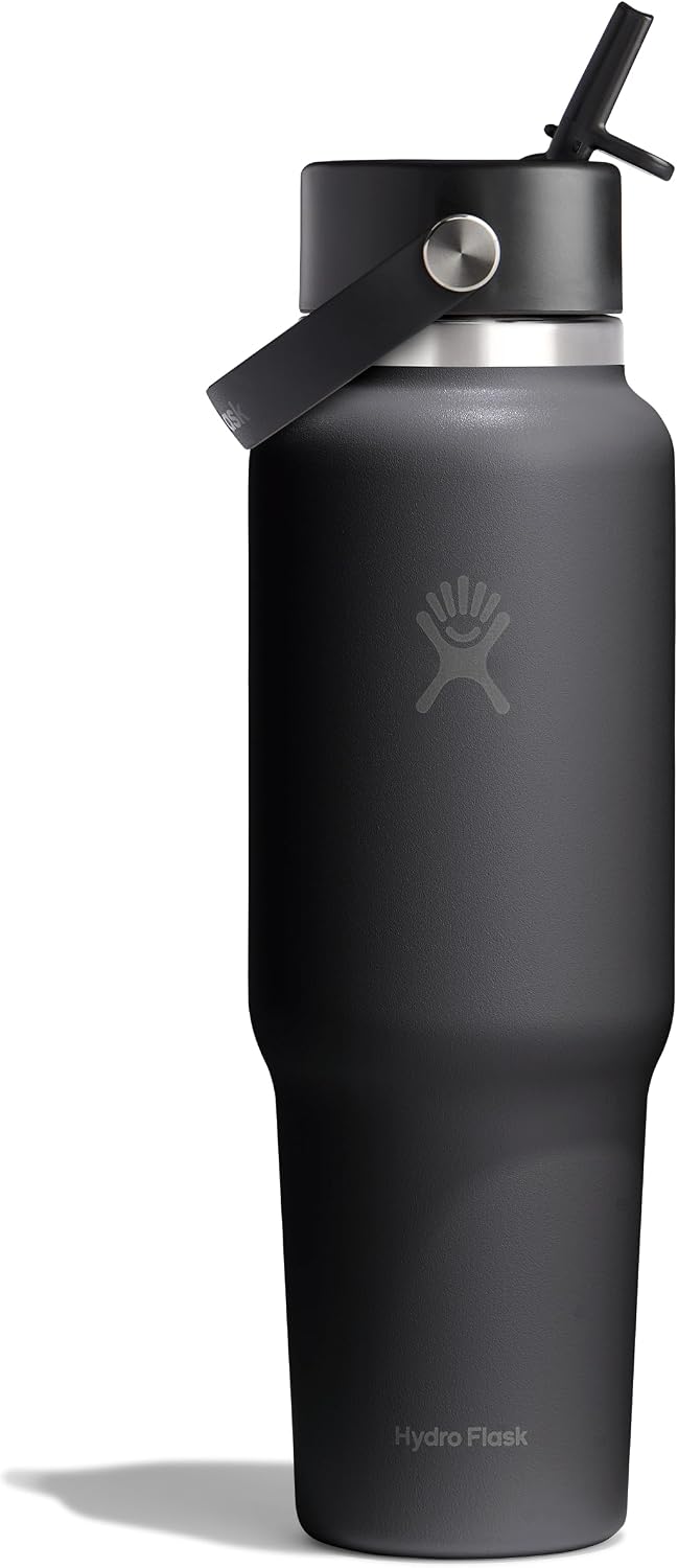 Hydro Flask Travel Water Bottle - Insulated Stainless Steel - Wide Straw Lid, Non Spill, Leakproof in 40 Oz Tonal Black