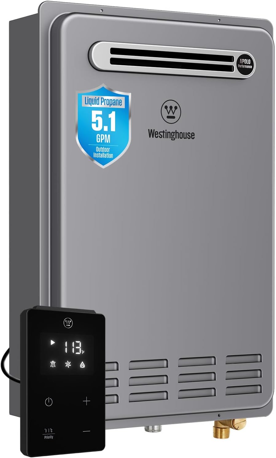 Westinghouse Smart Outdoor Propane Tankless Water Heater, 5.1 GPM 120,000 BTU Whole Home Instant Hot Water Heater, ±1°F Temp Stability, Non-Condensing for 2-4 Fixtures