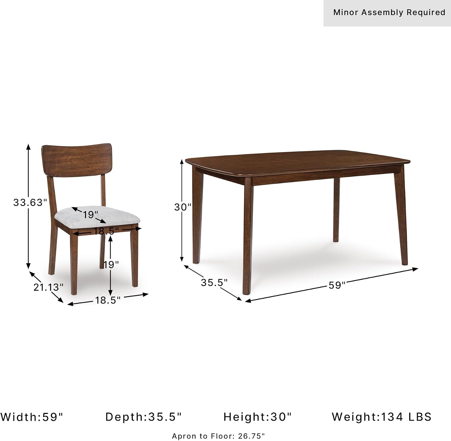 Signature Design by Ashley Allstream Mid-Century Modern Dining Table and Chairs Set with Cushioned Seat, Set of 5, Brown & Gray