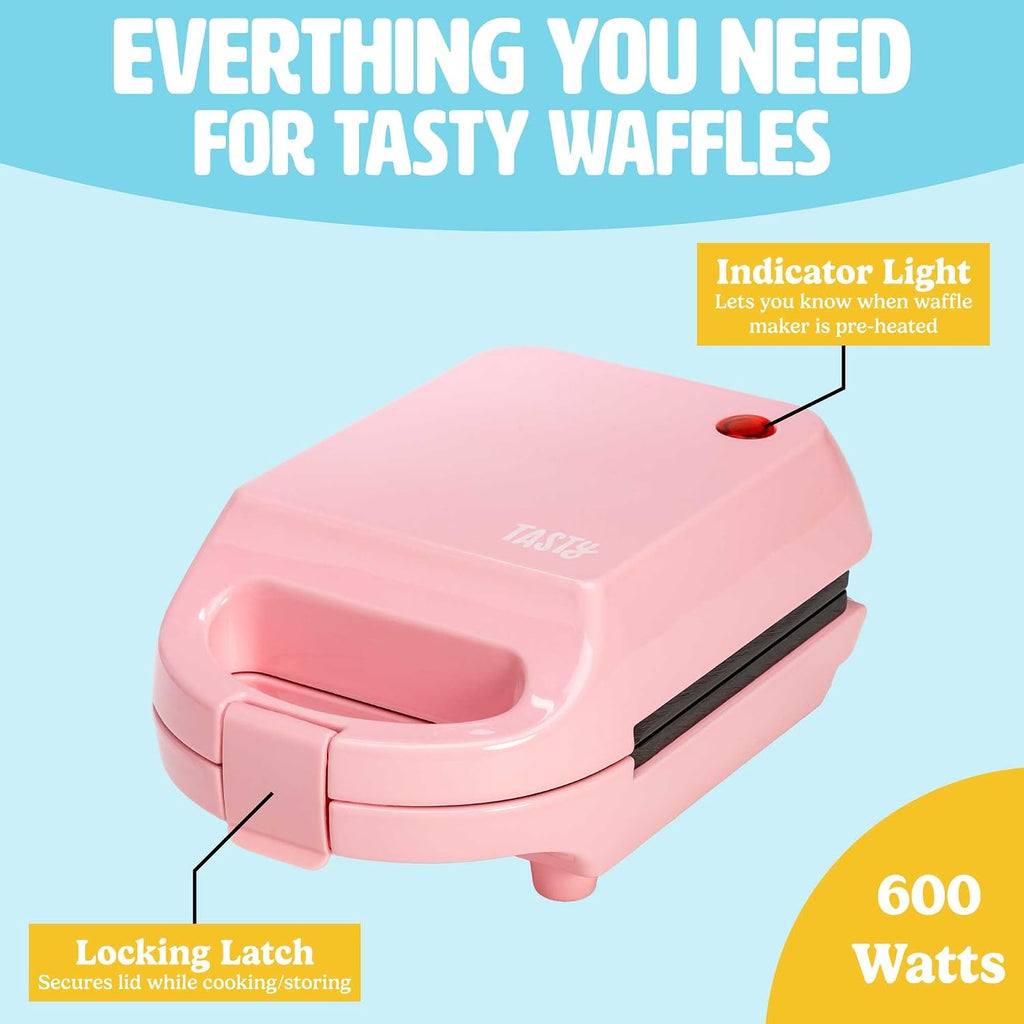 Tasty Mini Nonstick Waffle Maker, Perfect for Individual Waffles, Hash Browns, Brownies and more, Quick Results, Easy Clean Up, 600W, Pink