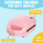 Tasty Mini Nonstick Waffle Maker, Perfect for Individual Waffles, Hash Browns, Brownies and more, Quick Results, Easy Clean Up, 600W, Pink