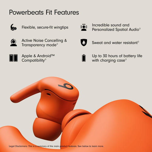 سماعات Beats Powerbeats Fit - سماعات أذن لاسلكية لتمارين اللياقة البدنية بخاصية إلغاء الضوضاء، مع أطراف أجنحة محكمة الثبات، عمر بطارية يصل إلى 30 ساعة، مقاومة للعرق والماء، متوافقة مع Apple و Android - برتقالي سبارك