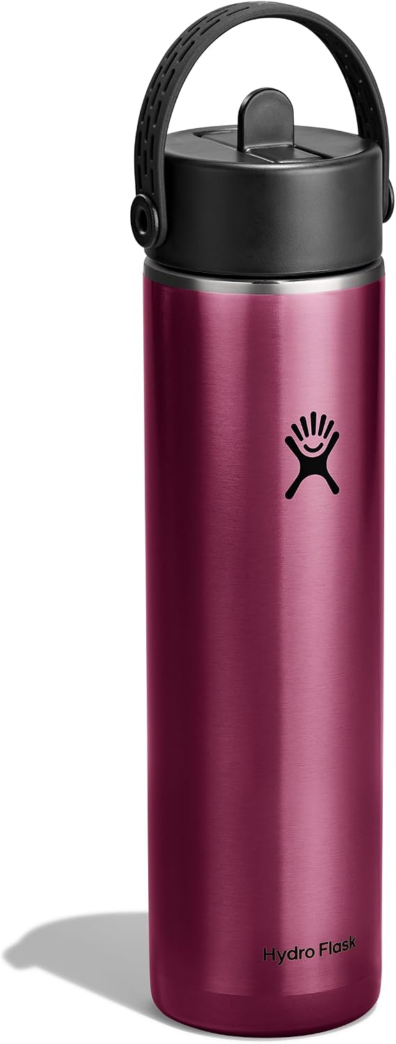 Hydro Flask 24 Oz Lightweight Wide Straw Lid - Insulated Stainless Steel Water Bottle - Hiking, Commuting Garnet Red