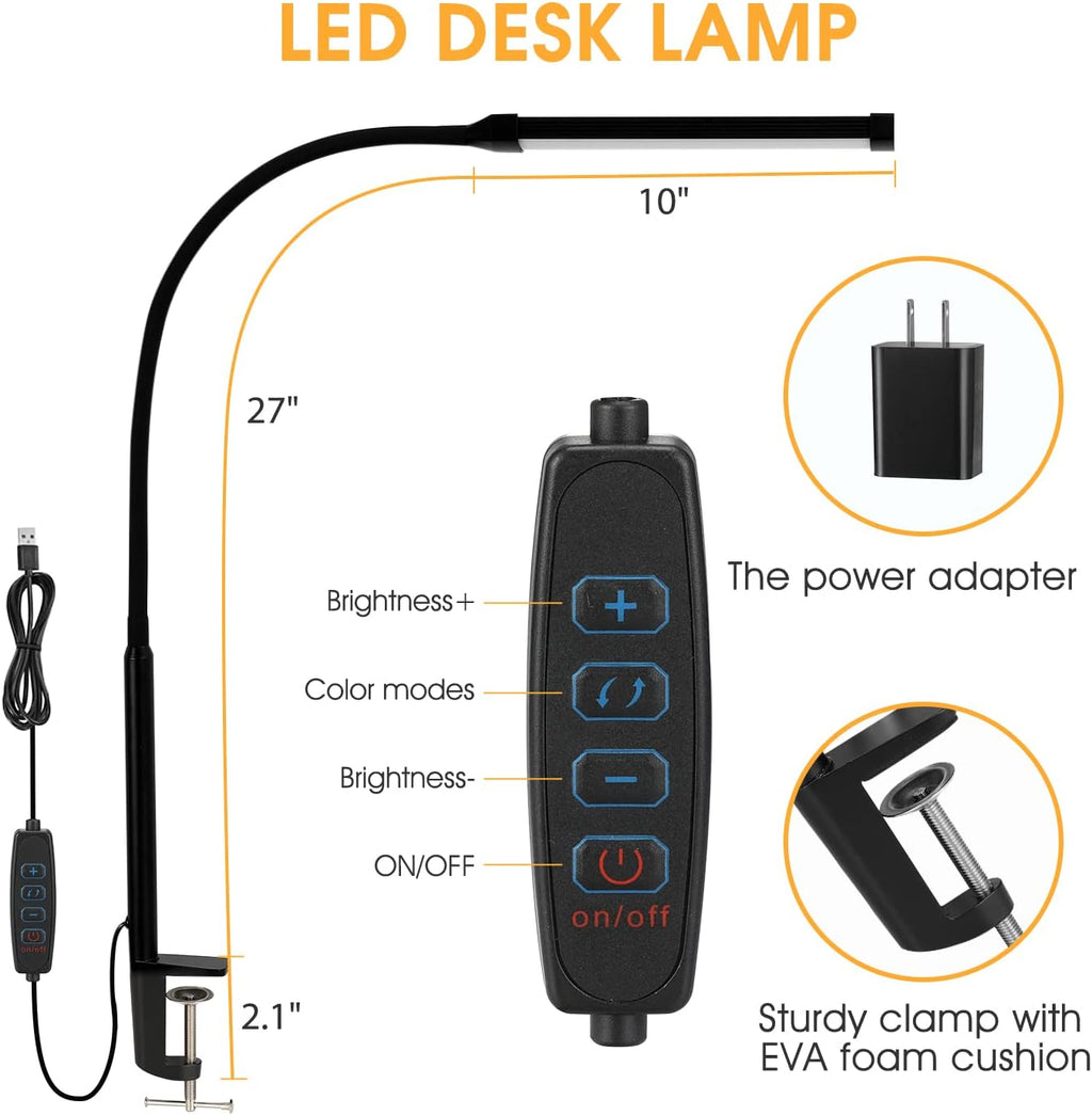 Voncerus LED Desk Lamp with Clamp, Eye-Caring Clip on Lights for Home Office, 3 Modes 10 Brightness, Long Flexible Goose-Neck, Metal, Swing Arm Architect Task Table Lamps with USB Adapter, Black