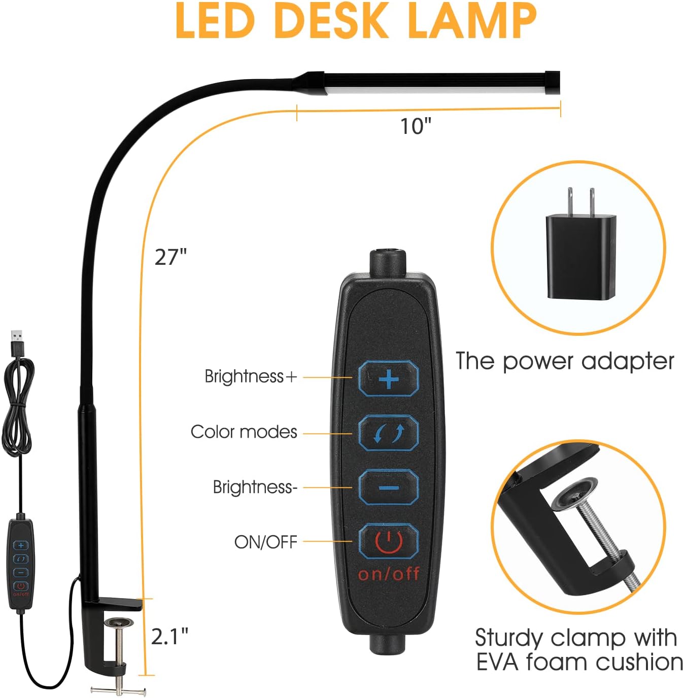 Voncerus LED Desk Lamp with Clamp, Eye-Caring Clip on Lights for Home Office, 3 Modes 10 Brightness, Long Flexible Goose-Neck, Metal, Swing Arm Architect Task Table Lamps with USB Adapter, Black