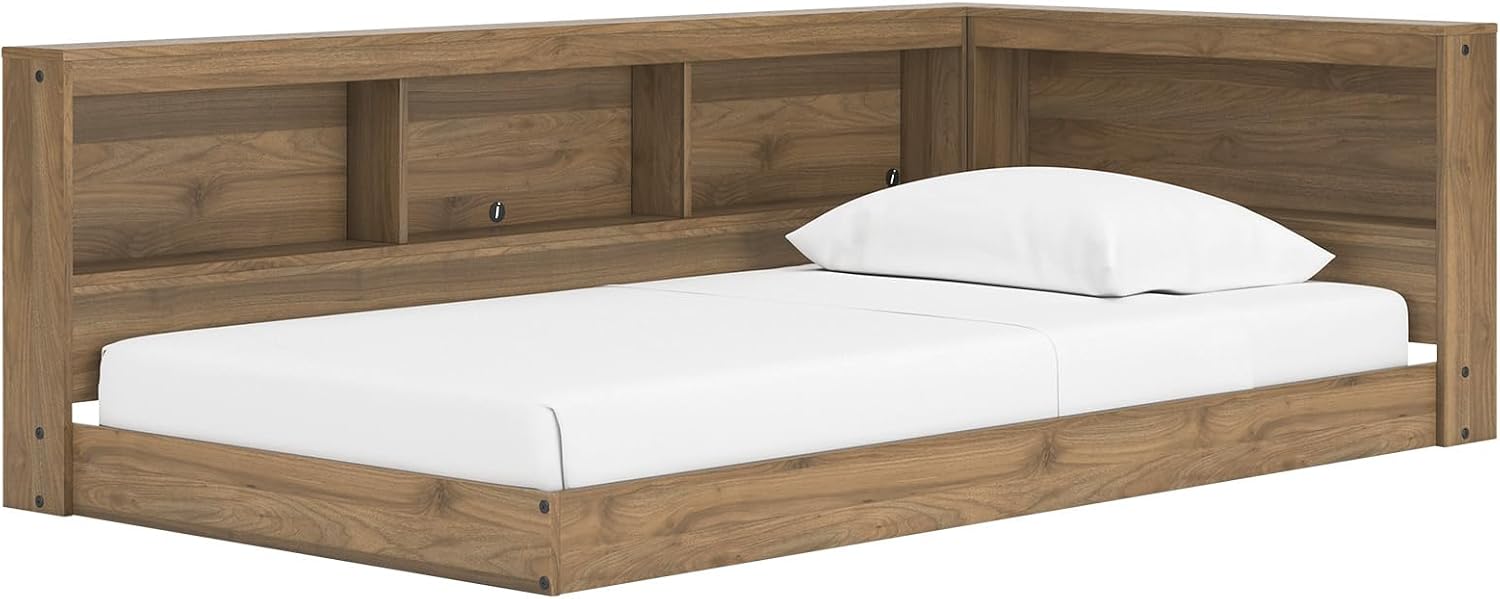 Signature Design by Ashley Deanlow Bookcase Storage Bed, Replicated Walnut Wood-Look Platform, Mid-Century Modern Casual Style, Integrated Bookshelf Side Rails, Honey Brown, Twin