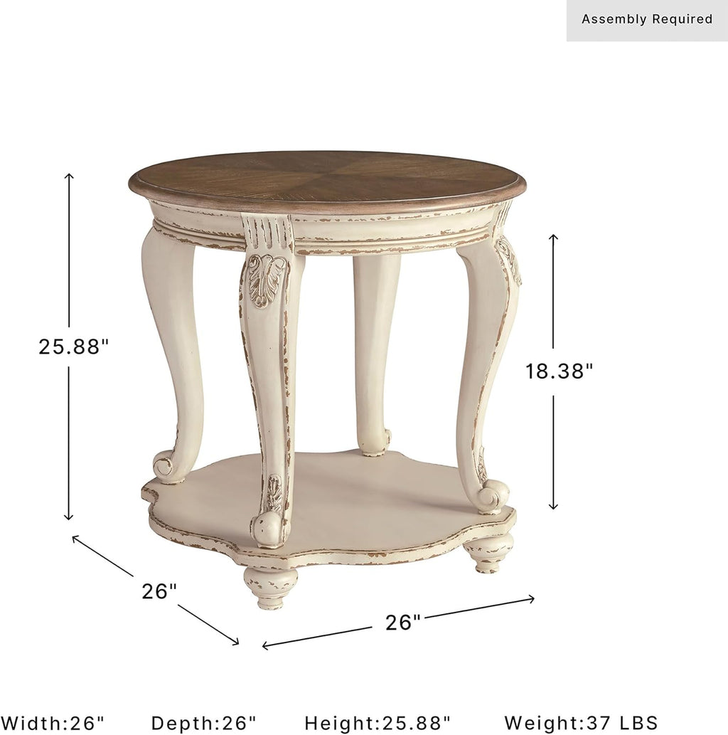 Signature Design by Ashley Realyn Round End Table, Cottage-Style Side Table with Antiqued Two-Tone Finish, Wood & Veneer Construction for Living Room or Bedroom, White/Brown