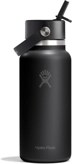 Hydro Flask Water Bottle - Insulated Stainless Steel - Wide Mouth Flex Straw Lid, Non Spill, Leakproof and Refillable in 32 Oz Tonal Black