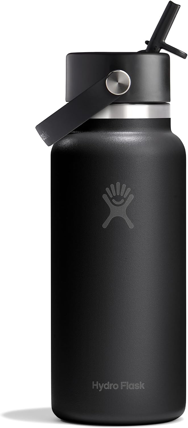 Hydro Flask Water Bottle - Insulated Stainless Steel - Wide Mouth Flex Straw Lid, Non Spill, Leakproof and Refillable in 32 Oz Tonal Black
