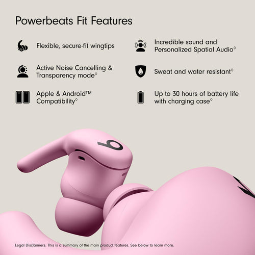 Beats Powerbeats Fit - سماعات أذن لاسلكية مانعة للضوضاء للتمارين الرياضية مع أطراف أجنحة محكمة الثبات، عمر بطارية يصل إلى 30 ساعة، مقاومة للعرق والماء، متوافقة مع Apple و Android - وردي قوي