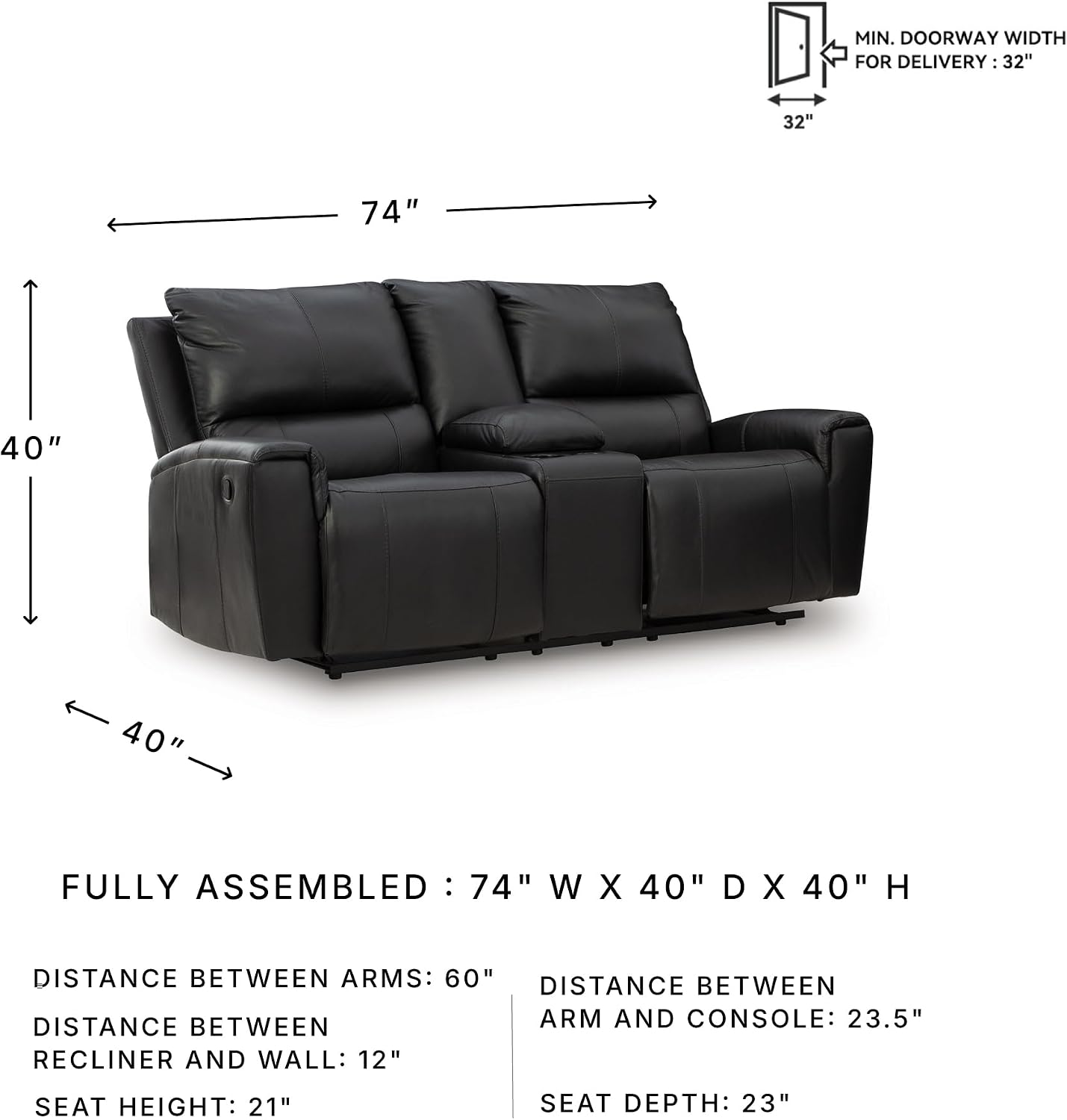 Signature Design by Ashley Glassmere Contemporary Leather Match Reclining Loveseat with Console, 2 Cup Holders and Storage, Black