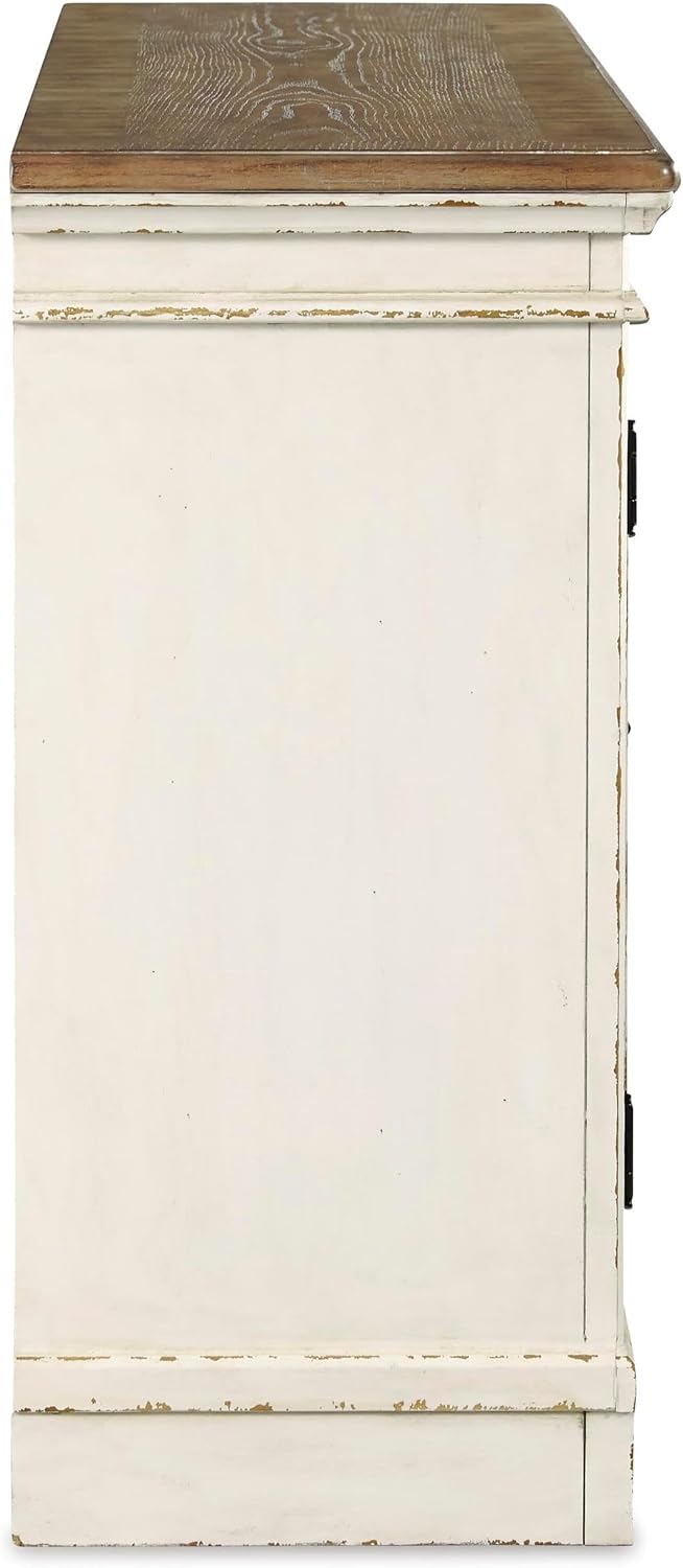 Signature Design by Ashley Realyn French Country Distressed Dining Room Server, 3 Drawers, 2 Cabinet Doors, Wood, 59" W x 17" D x 36.5" H, Chipped White