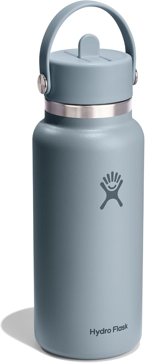 Hydro Flask Water Bottle - Insulated Stainless Steel - Wide Mouth Flex Straw Lid, Non Spill, Leakproof and Refillable in 32 Oz Shale Gray