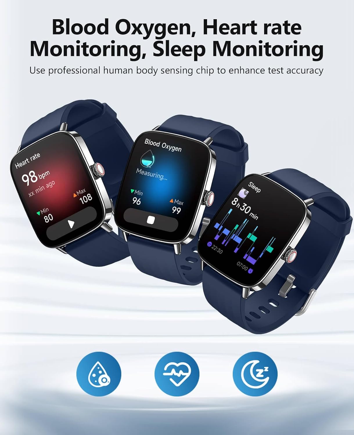SOUYIE Smart Watches for Men Women, 1.85" AI Voice Smartwatch, 24/7 Heart Rate Monitor, Stress/SpO2/Sleep Tracker, IP68 Waterproof, Weather, 100+ Sports Fitness Tracker for Android iOS Blue