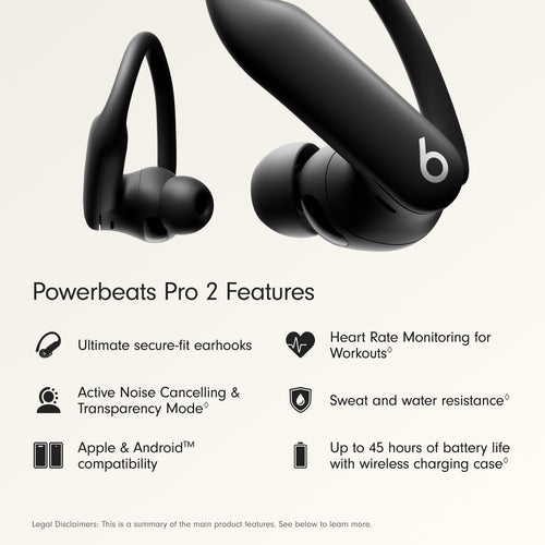 سماعات أذن Beats Powerbeats Pro 2 - لاسلكية مانعة للضوضاء للتمارين الرياضية مع خطافات أذن ثابتة، بطارية تدوم حتى 45 ساعة مع علبة شحن، مقاومة للعرق والماء، مراقبة معدل ضربات القلب - أسود فاحم