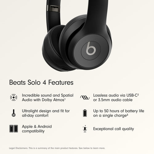 Beats Solo 4 - سماعات رأس لاسلكية بلوتوث فوق الأذن، عمر بطارية يصل إلى 50 ساعة، راحة فائقة الخفة، صوت قوي ومتوازن، متوافقة مع Apple و Android - أسود مطفي