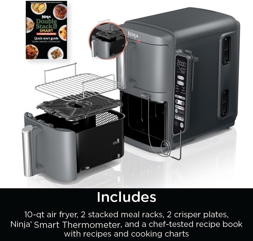 Ninja DoubleStack XL Smart Air Fryer, 2-Basket, 10 QT, 6-in-1, DoubleStack Technology Cooks 4 Foods at Once, Space Saving Design, Air Fry, Broil, Bake SL451