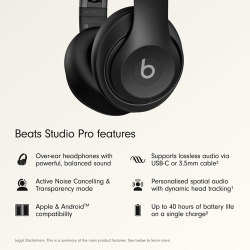 سماعات Beats Studio Pro اللاسلكية الممتازة فوق الأذن - عمر بطارية يصل إلى 40 ساعة، إلغاء الضوضاء النشط، رائعة للسفر والتنقل، صوت USB-C بدون فقدان، متوافقة مع Apple و Android - أسود