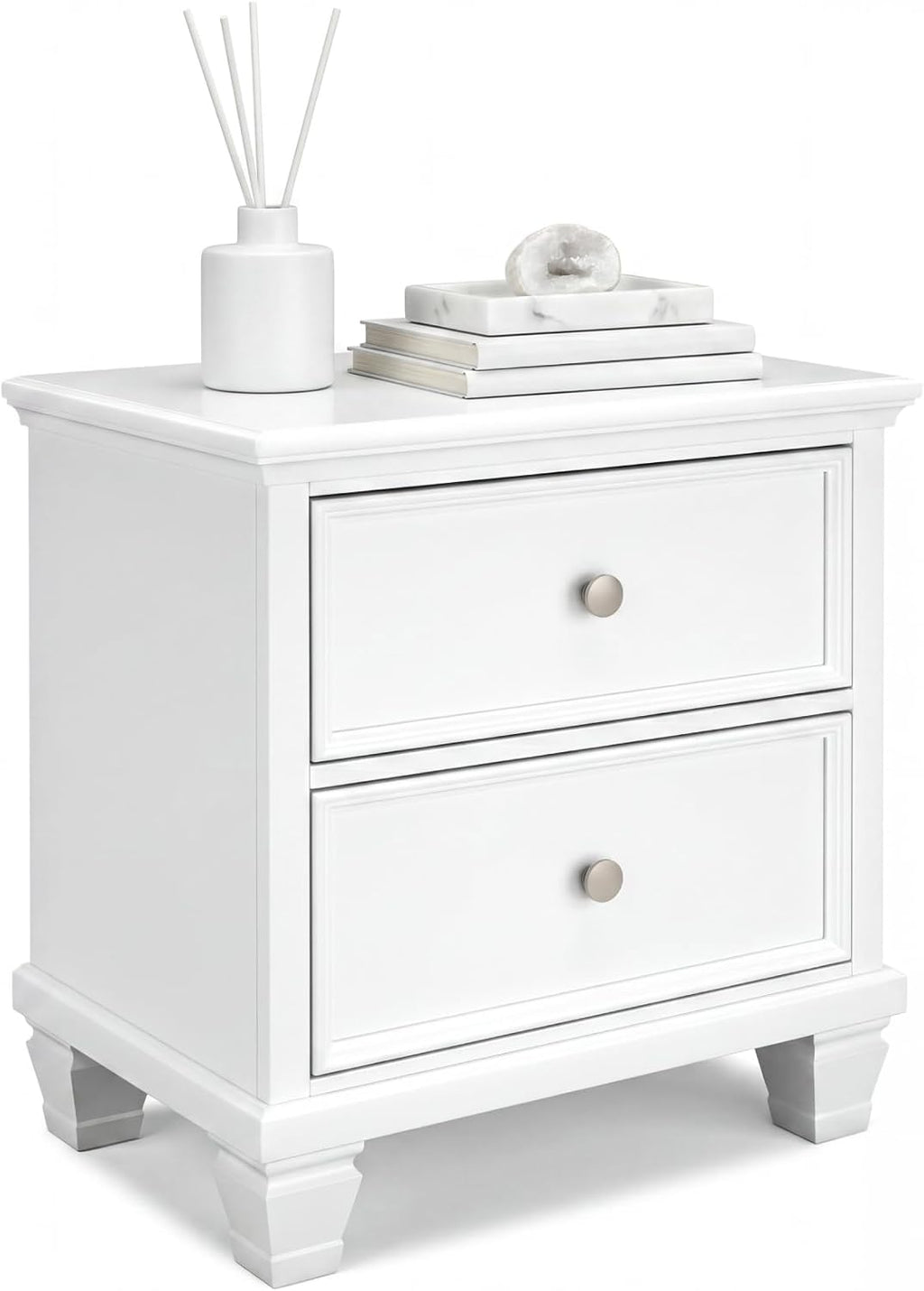 Signature Design by Ashley Fortman White Nightstand, 2 Drawer Storage, Hardwood Solids and MDF Construction, Traditional Wood Bedside Table, 25" W