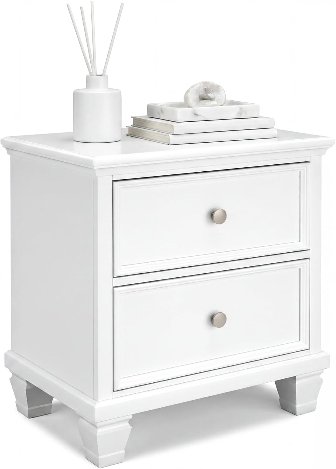 Signature Design by Ashley Fortman White Nightstand, 2 Drawer Storage, Hardwood Solids and MDF Construction, Traditional Wood Bedside Table, 25" W