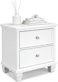 Signature Design by Ashley Fortman White Nightstand, 2 Drawer Storage, Hardwood Solids and MDF Construction, Traditional Wood Bedside Table, 25" W