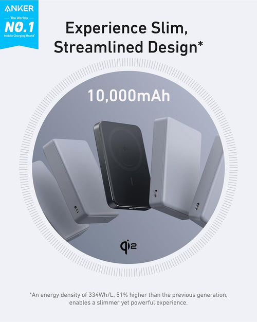 Anker MagGo Power Bank, Slim 10,000mAh Magnetic Battery Pack, Qi2 Certified 15W Ultra-Fast MagSafe Compatible Portable Charger, Ergonomic Design, for iPhone 12/13/14/15/16 Series, and More