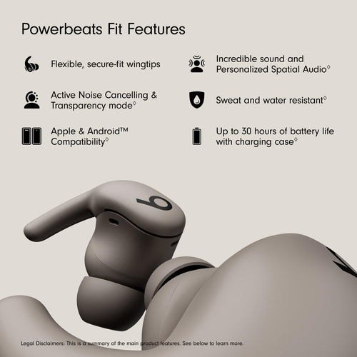 Beats Powerbeats Fit - سماعات أذن لاسلكية مانعة للضوضاء للتمارين الرياضية مع أطراف أجنحة محكمة الثبات، عمر بطارية يصل إلى 30 ساعة، مقاومة للعرق والماء، متوافقة مع Apple و Android - رمادي حصوي